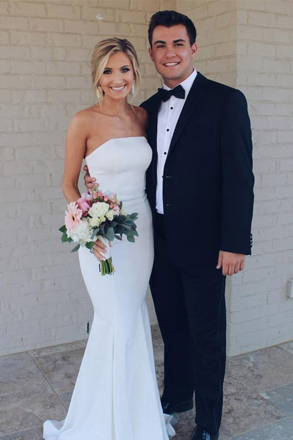 Simple Mermaid White Elastic Satin Strapless Wedding Dress OW455