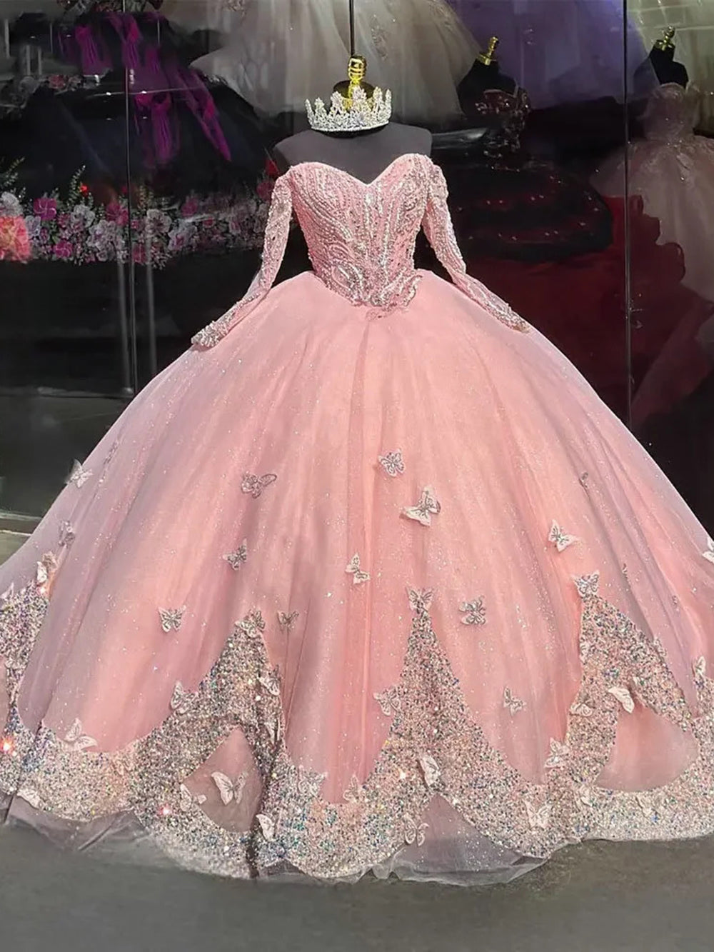 Cute Ball Gown Off Shoulder Long Sleeves 3D Butterfly Appliques Sweep Train Pink Tulle Quinceanera Dress for Sweet 16