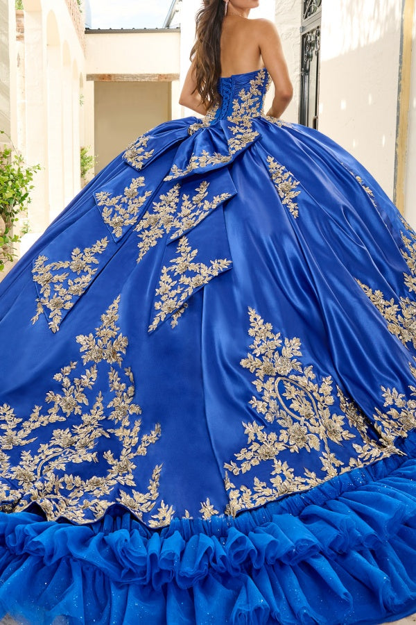 Elegant & Classic Ball Gown Sweetheart Neck Sleeveless Gold Appliques Tiered Royal Blue Tulle Quinceanera Dress Birthday Party Dress for Sweet 16