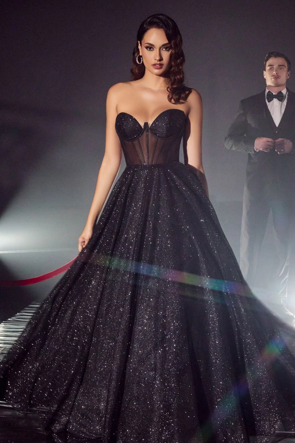 Glitter & Glamorous A-Line Strapless Sleeveless Party Prom Dresses Gown Glitter Tulle Floor Length Pleated Formal Evening Dress Wedding Guest Dress