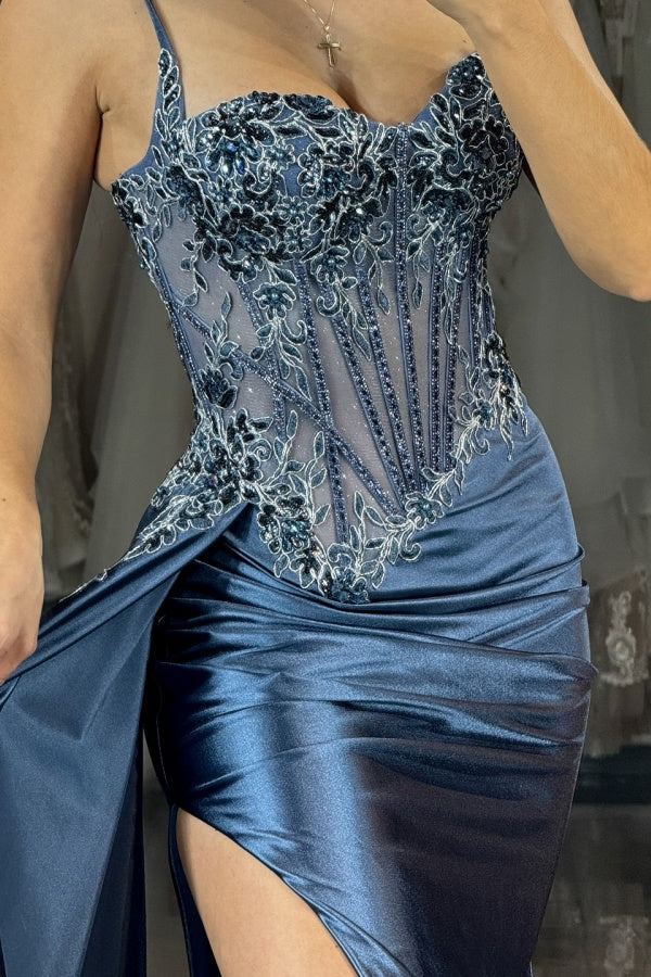 Glitter & Sparkly Sheath Sweetheart Neck Spaghetti Straps 3D Flower Appliques Pleated Formal Prom Dresses Dress High Side Slit and Train Evening Cocktail Gown
