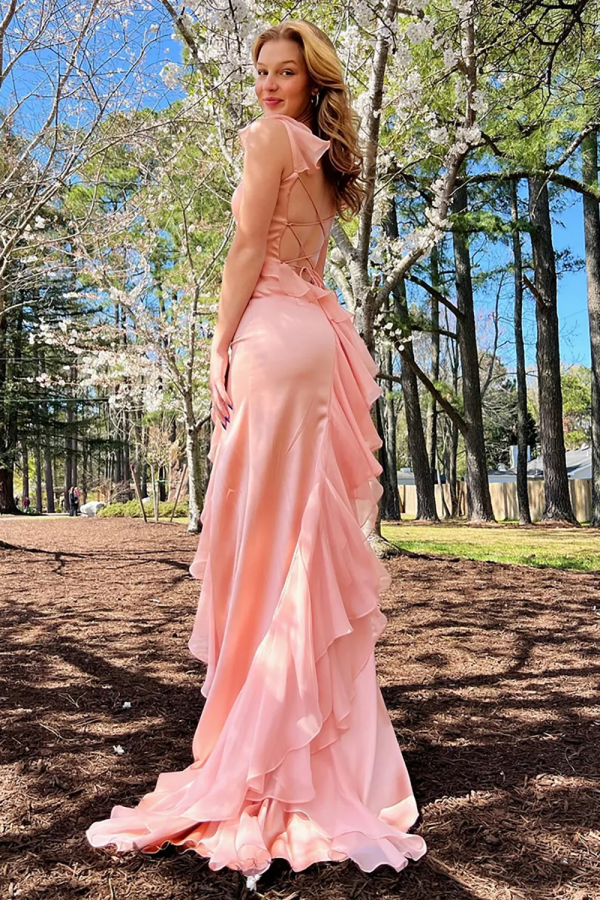 Sheath Square Neck Straps Sleeveless Ruffles Criss Cross Straps Floor Length Prom Dresses Dress Party Dress Evening Gown