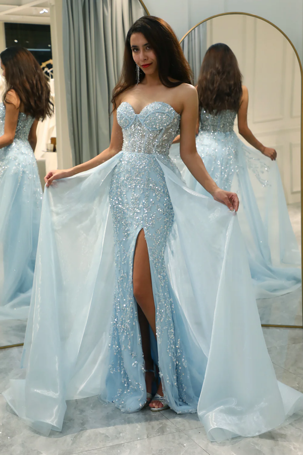 Chic & Modern Sheath Strapless Sleeveless Sky Blue Fully Sequins Formal Prom Dresses Dress Floor Length High Side Slit and Train Evening Party Dress Wedding Guest Gown Cocktail Dress