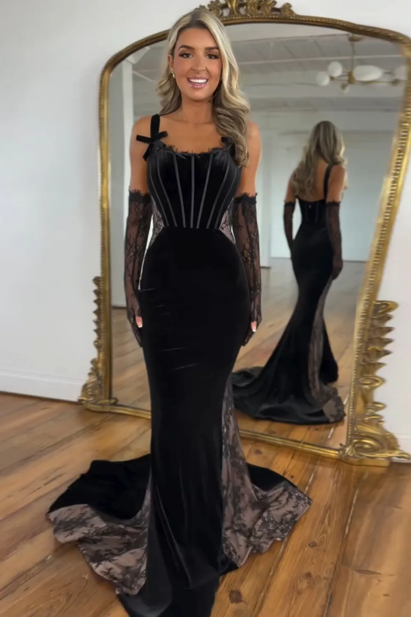 Elegant & Junoesque Mermaid Strapless Straps Sleeveless Pleated Black Velvet Lace Floor Length Prom Dresses Dress Cocktail Dress Evening Gown with Train