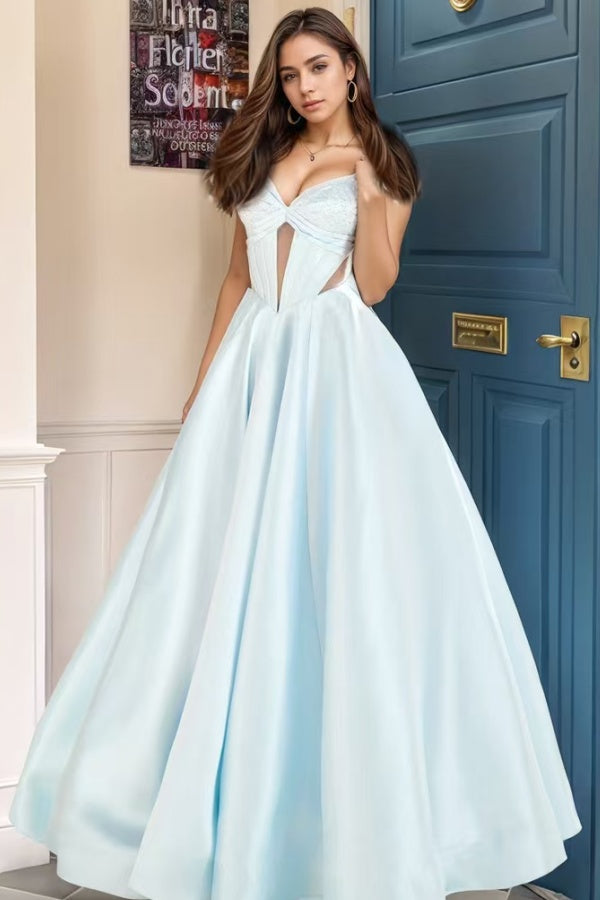 Chic A-Line Sweetheart Neck Sleeveless Beaded Pleated Baby Blue Satin Prom Dresses Dress Floor Length Lace Up Evening Formal Gown Wedding Guest Dress