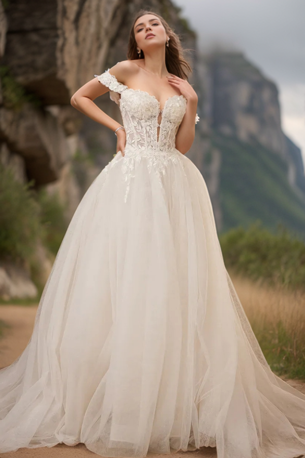 Elegant A-Line Off Shoulder Sleeveless Back Zipper Appliques Tulle Wedding Dress Beach Bride Gown