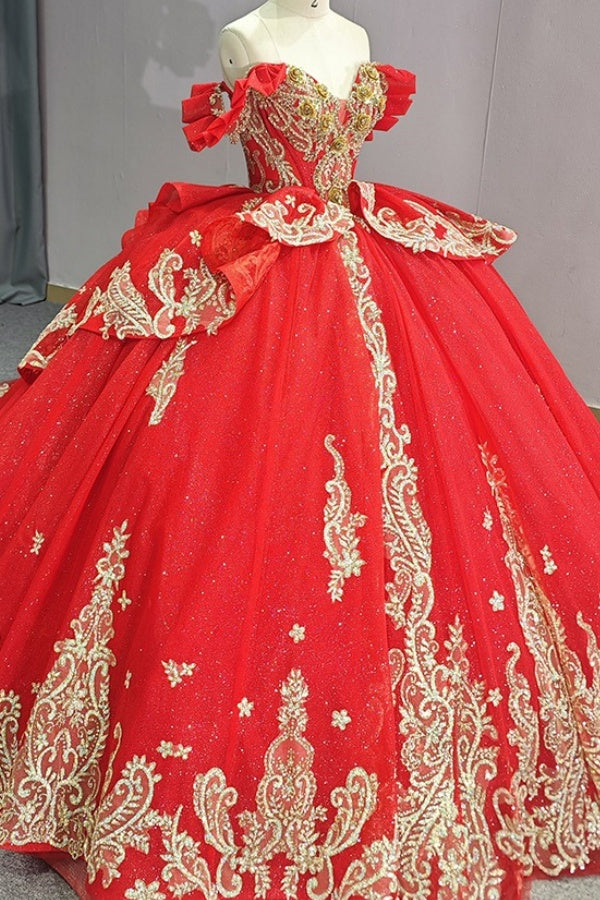 Off Shoulder Sleeveless 3D Flowers Beaded Sequins Gold Appliques Bow Knot Lace Up Sparkly Red Tulle Quinceanera Dress for Sweet 16