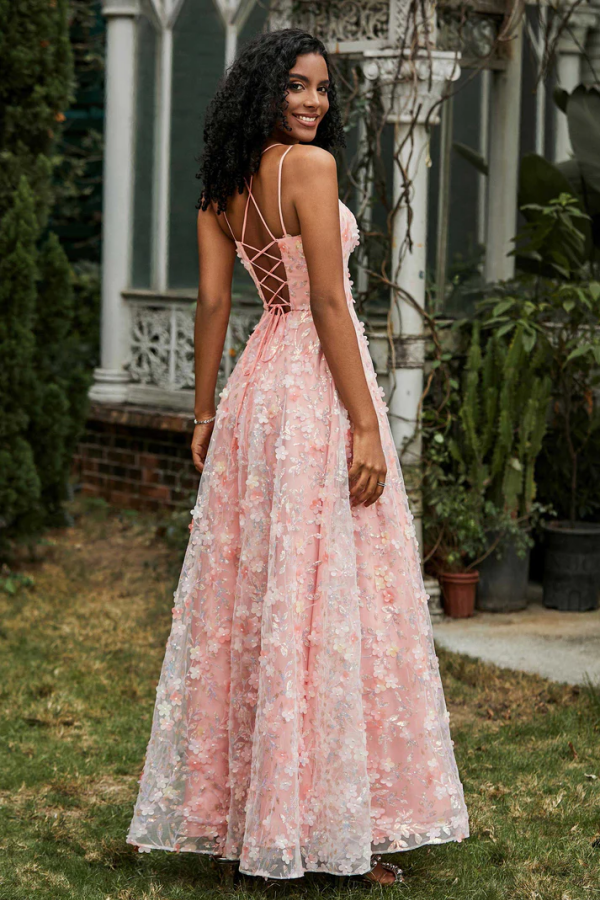 Chic & Modern Pink A-Line Strapless Spaghetti Straps Sleeveless Prom Dresses Party Dress 3D Flower Tulle Open Back Evening Party Dress Cocktail Gown Wedding Guest Dress