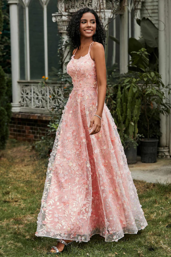 Chic & Modern Pink A-Line Strapless Spaghetti Straps Sleeveless Prom Dresses Party Dress 3D Flower Tulle Open Back Evening Party Dress Cocktail Gown Wedding Guest Dress