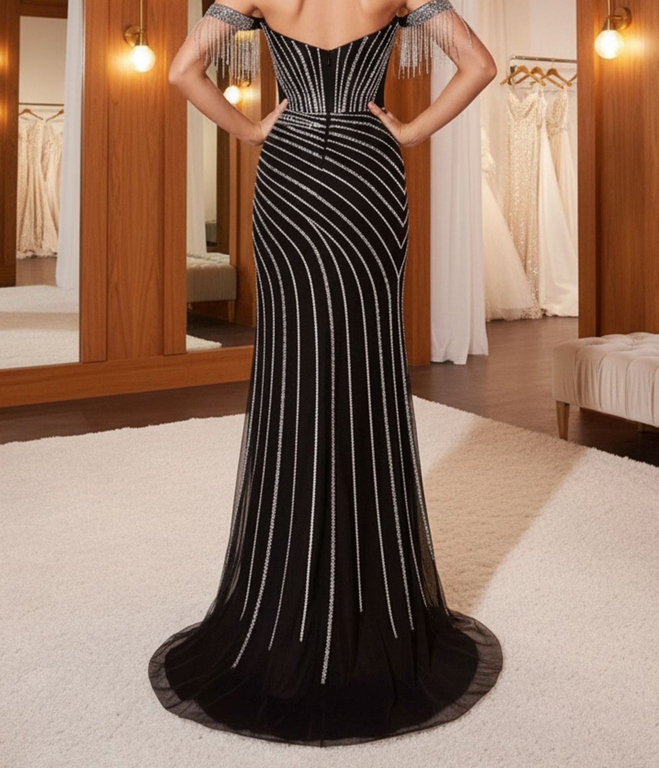 Off Shoulder Beading Illusion Mermaid Long Prom Dress - Black