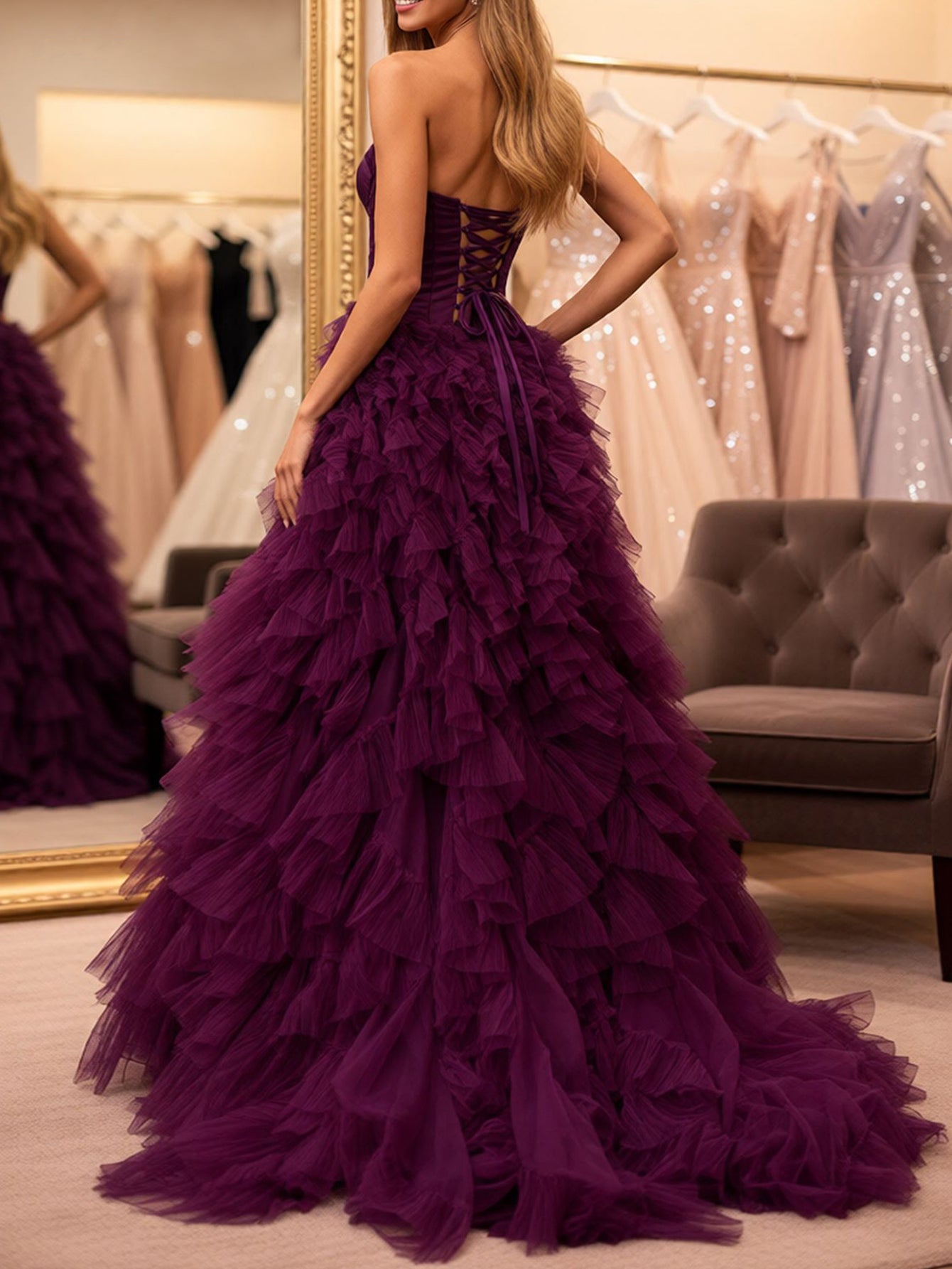 Bodice Layered Ball Gown Prom Dress With Slit - Purple