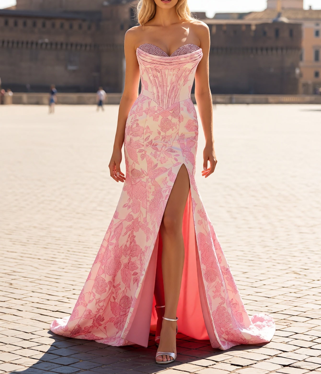 Sweetheart Hot Fix Crystal Ruched Bust Long Mermaid Prom Dress - Pink Floral