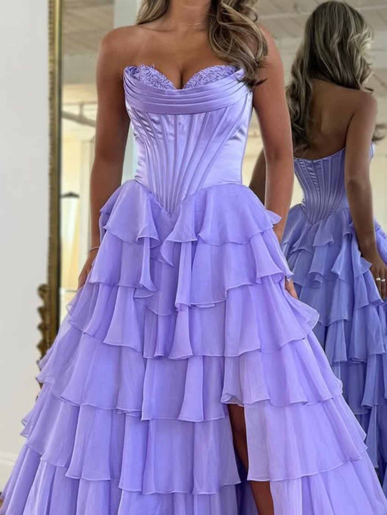 Strapless Boned Bodice Ruffle Chiffon Ball Gown Prom Dress - Lilac
