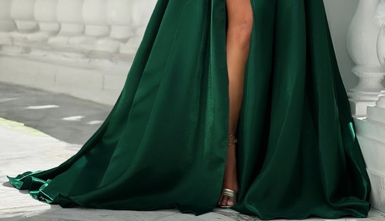 Off Shoulder Sequin Pleated Satin A-Line Prom Dress Long With Split - Emerald Green