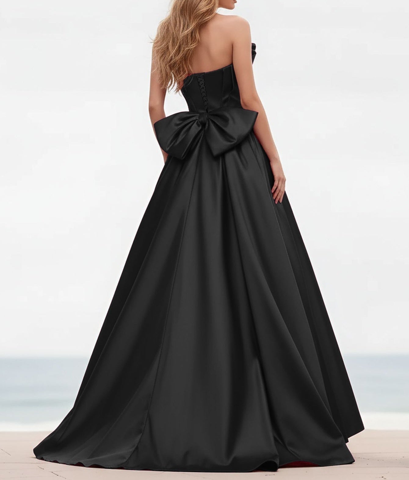 Pleated Bust Ruffle Hem Strapless Satin Prom Ball Gown - Black