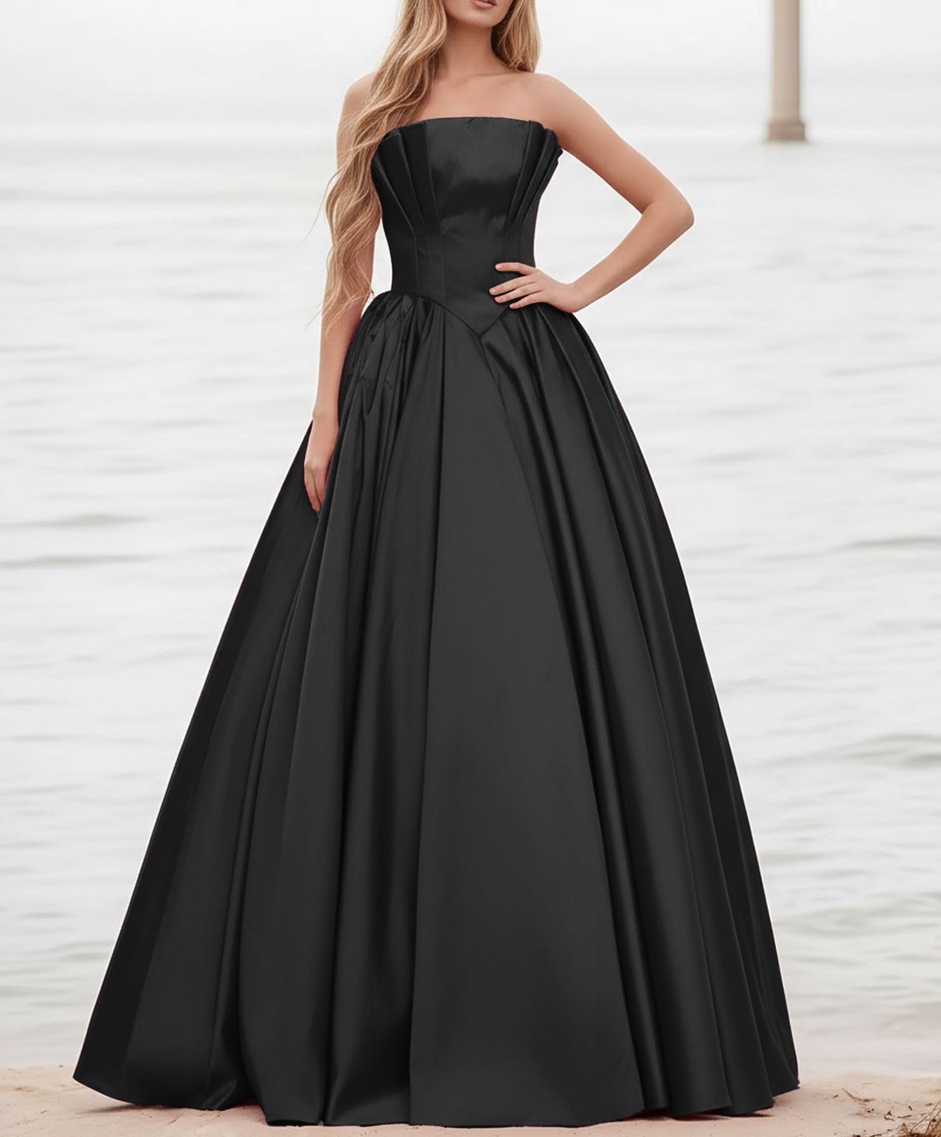 Pleated Bust Ruffle Hem Strapless Satin Prom Ball Gown - Black