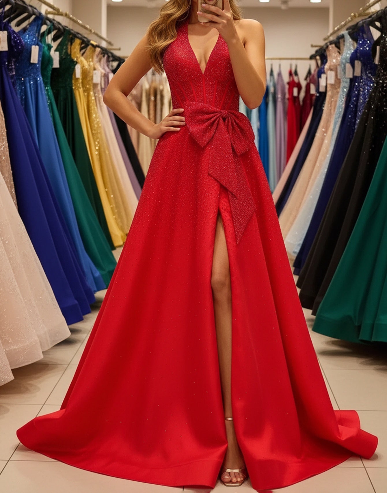 Halter Big Bow Sparkly Beading Lace Up Bodice Long Ball Gown Prom Dress - Red