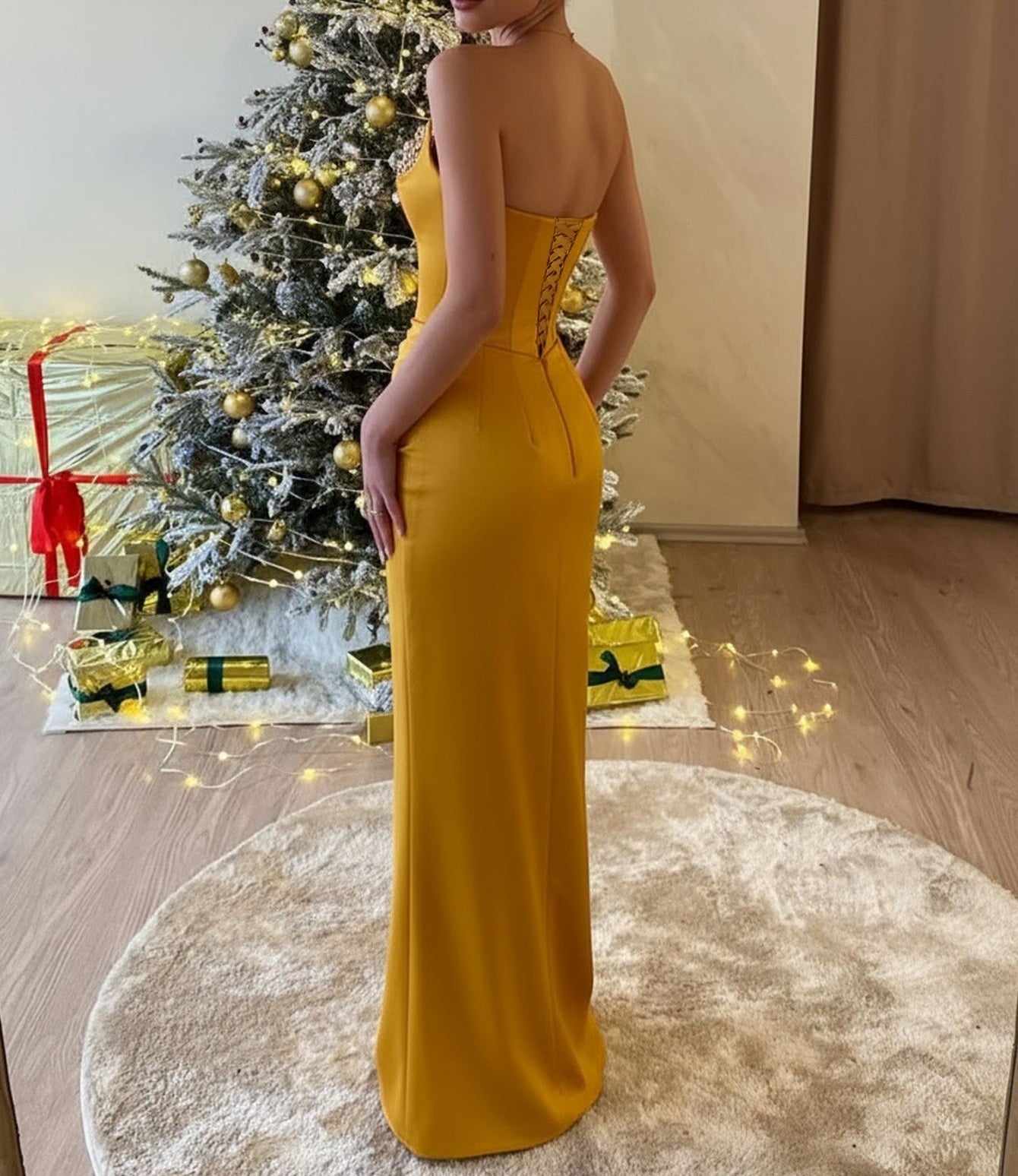 Detachable Sleeves Crystal Long Prom Dress - Yellow