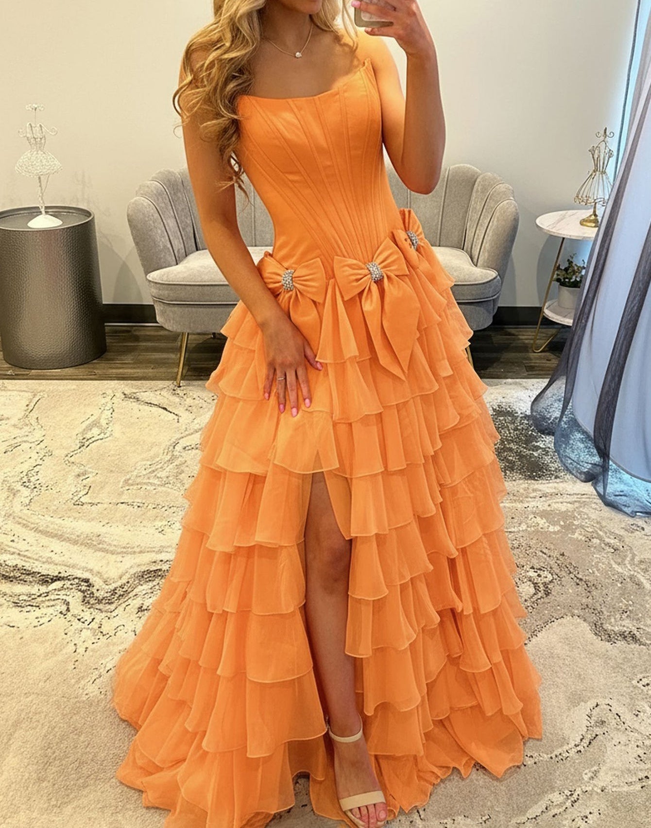Boned Strapless Tiered Ball Gown Prom Dress Long With Bow - Orange