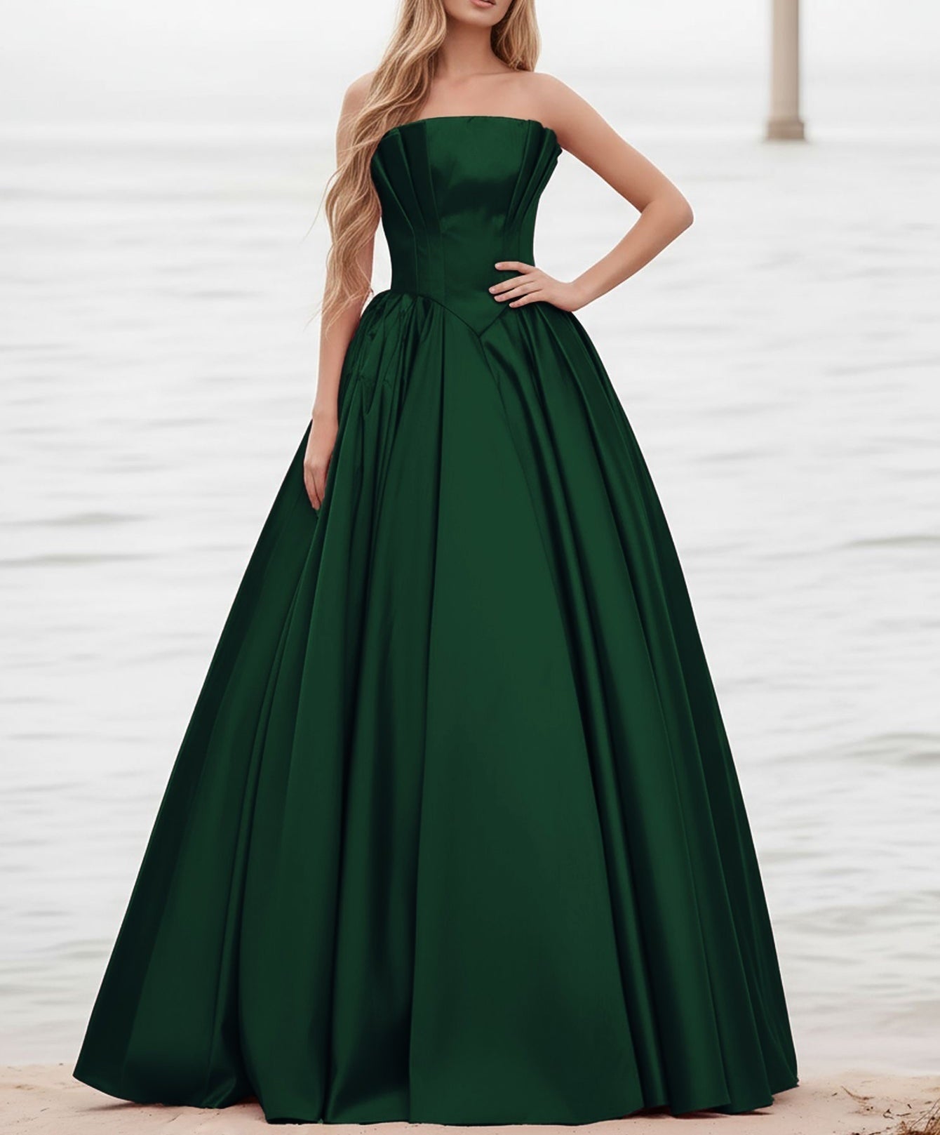 Pleated Bust Ruffle Hem Strapless Satin Prom Ball Gown - Emerald Green