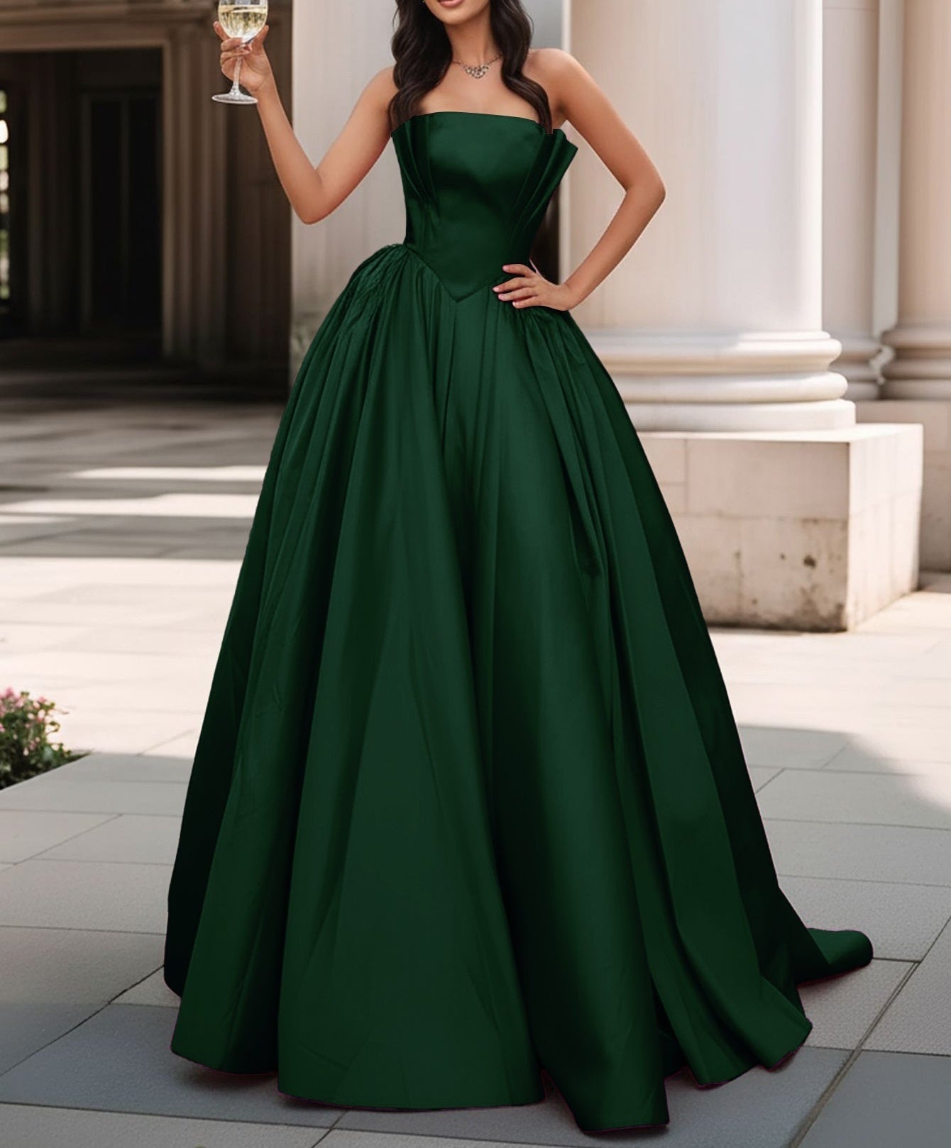 Pleated Bust Ruffle Hem Strapless Satin Prom Ball Gown - Emerald Green