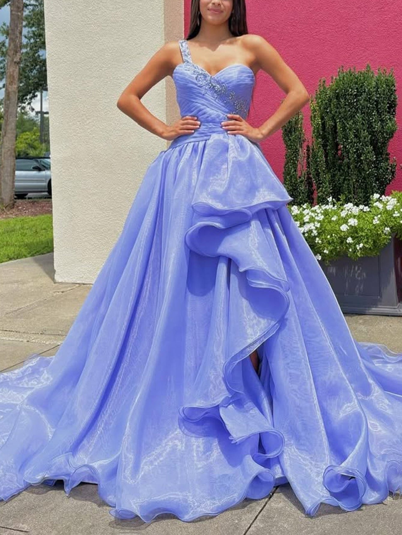 Sweetheart Beading Ruched Bodice Ball Gown Prom Dress With Detachable Strap - Lavender