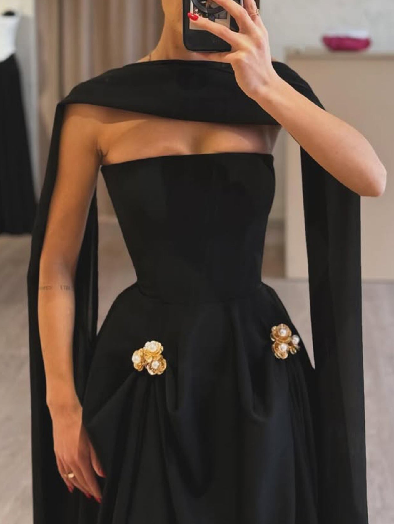 Strapless Ball Gown Prom Dress With Shawl - Black