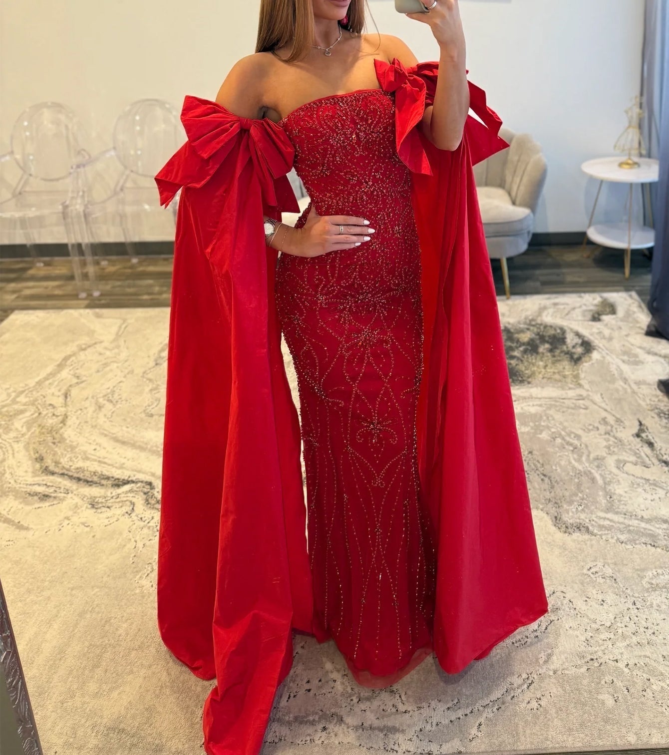 Luxury Removable Sleeves Crystal Mermaid Long Prom Dress - Red