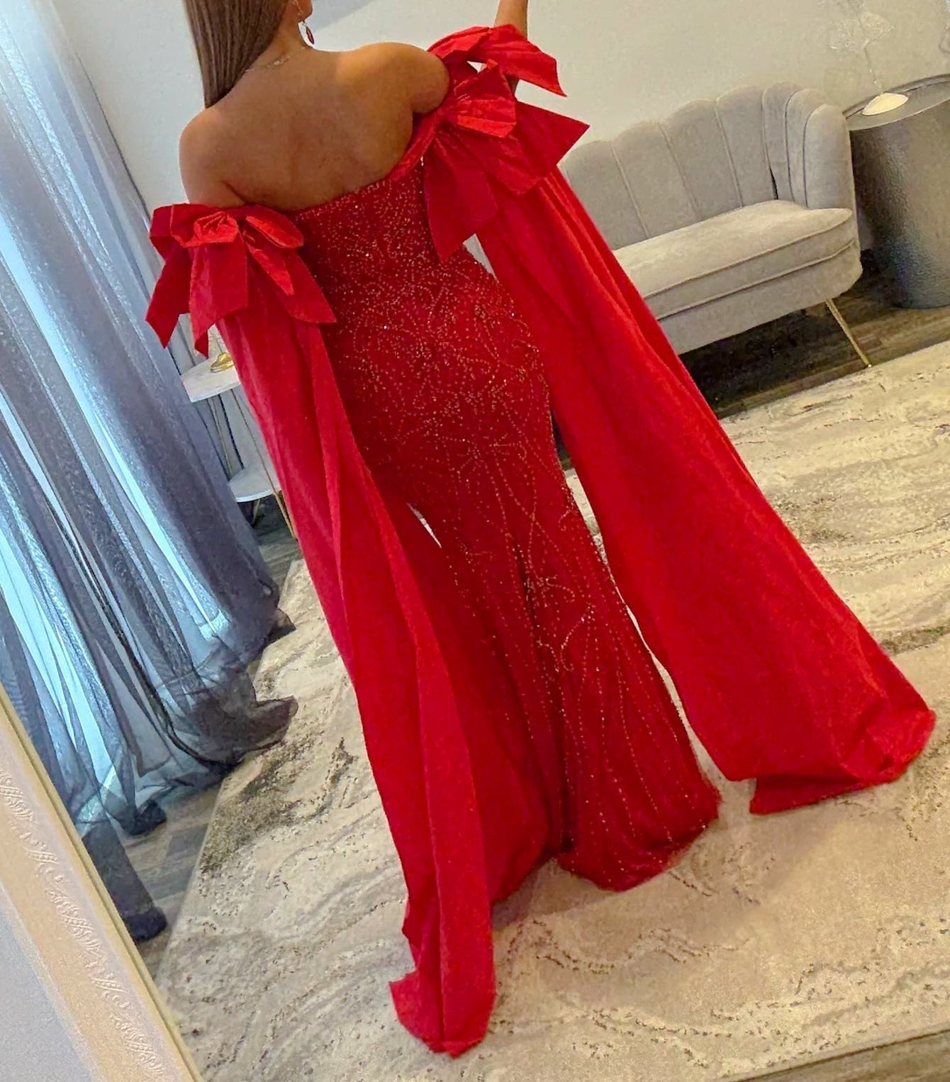 Luxury Removable Sleeves Crystal Mermaid Long Prom Dress - Red
