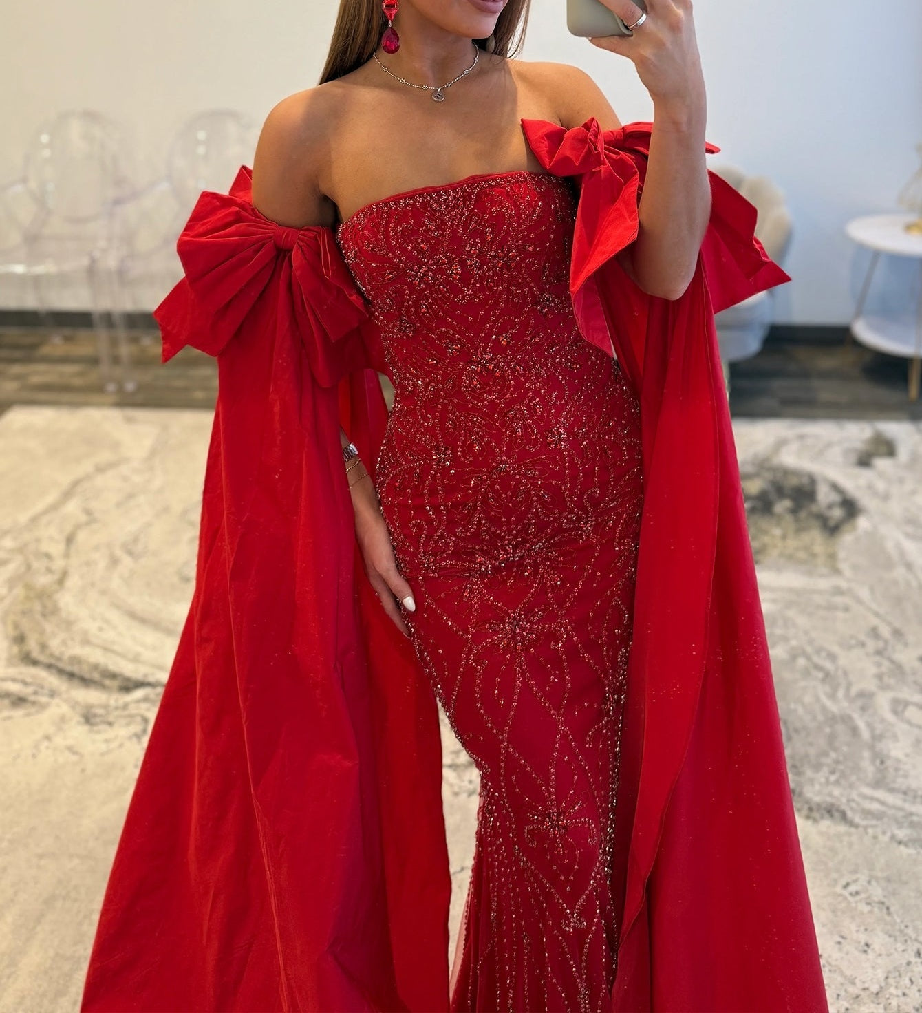 Luxury Removable Sleeves Crystal Mermaid Long Prom Dress - Red