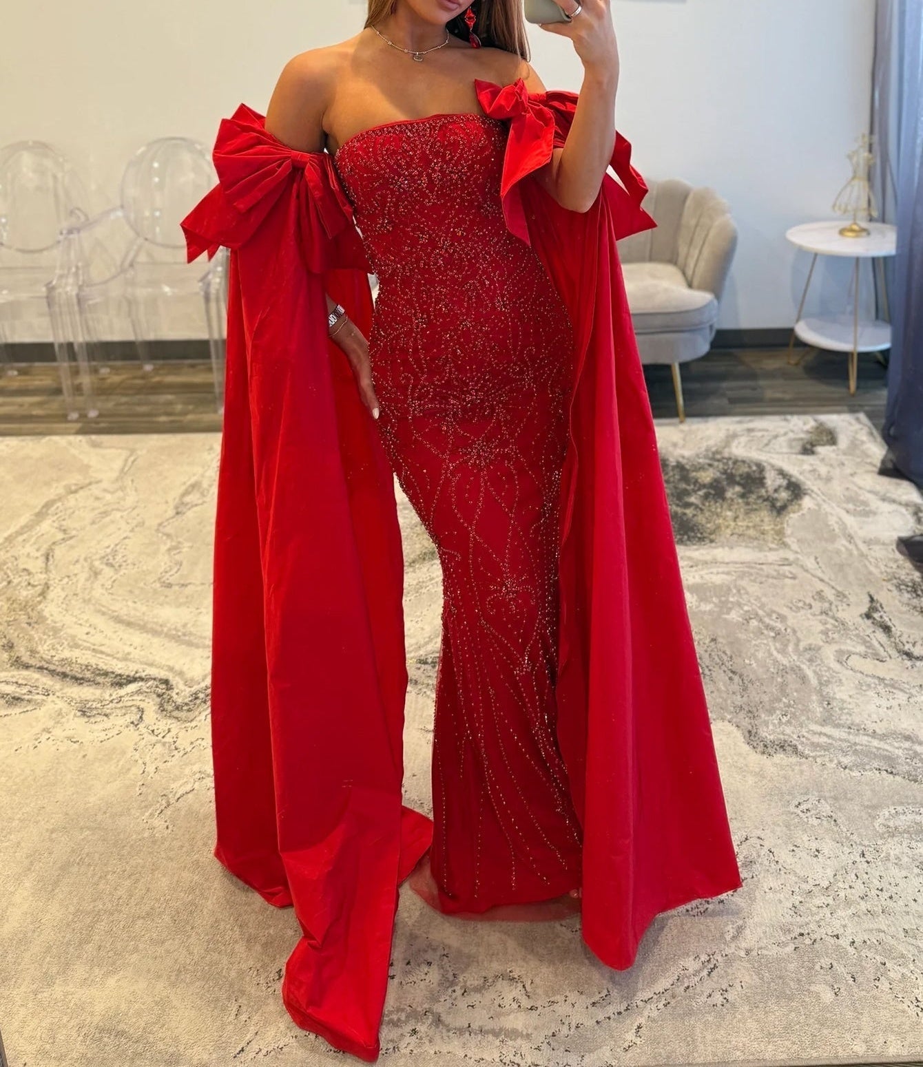 Luxury Removable Sleeves Crystal Mermaid Long Prom Dress - Red