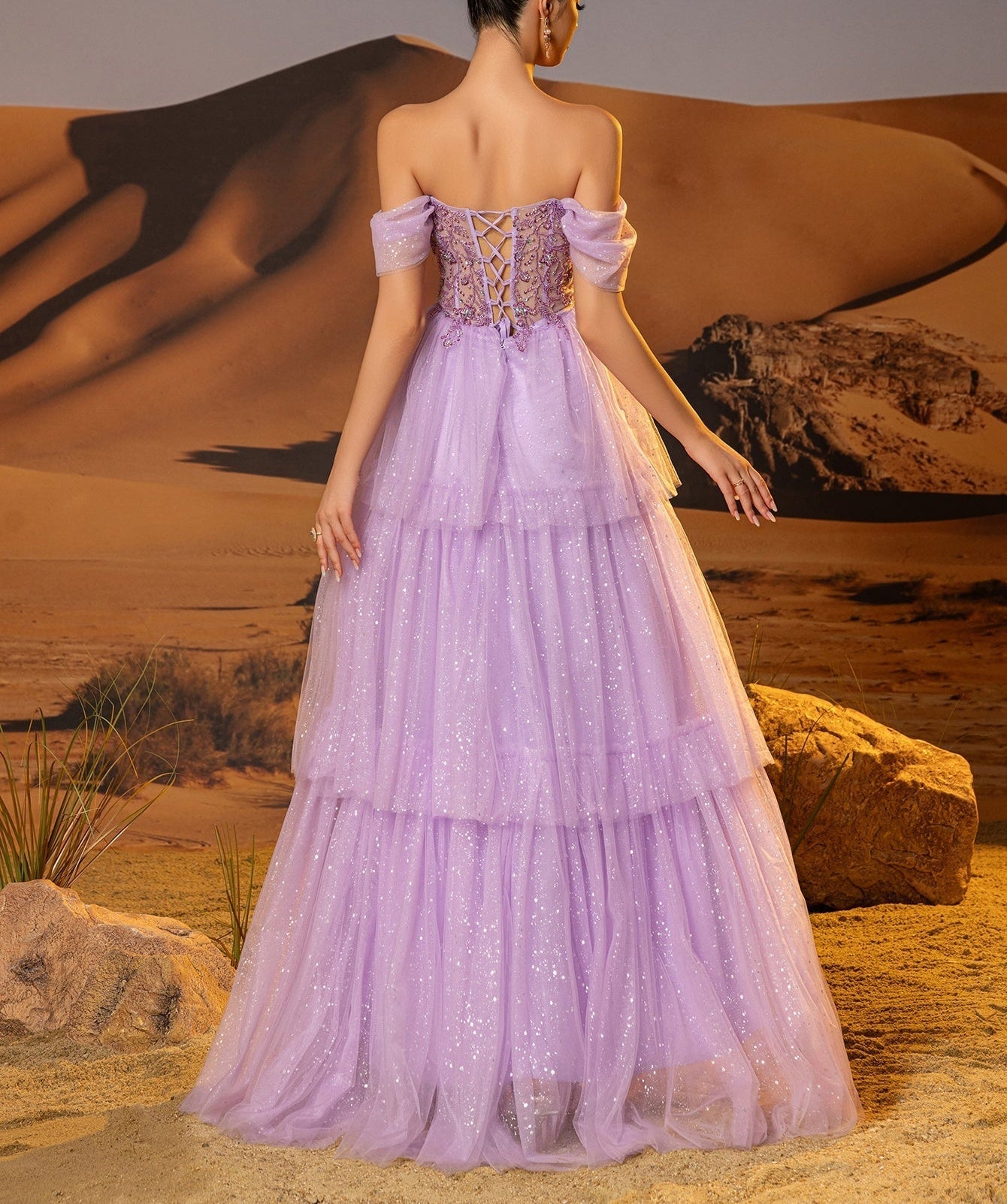 Off Shoulder Sparkly Lace Embroidery Layered Ball Gown Prom Dress - Lilac