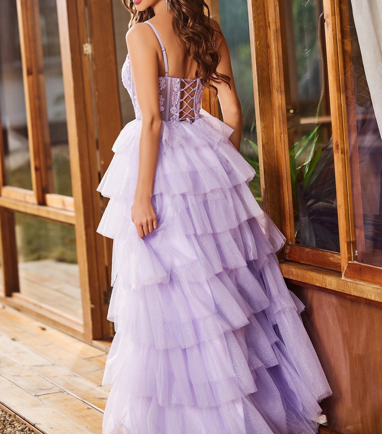 Embroidery Floral Sheer Ball Gown Prom Dress With Ruffle - Lilac