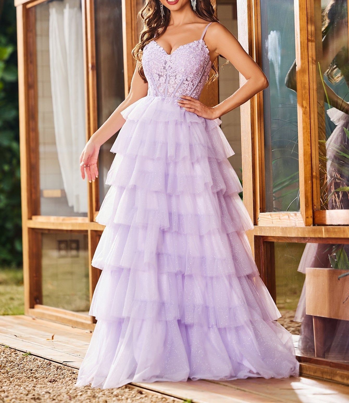 Embroidery Floral Sheer Ball Gown Prom Dress With Ruffle - Lilac
