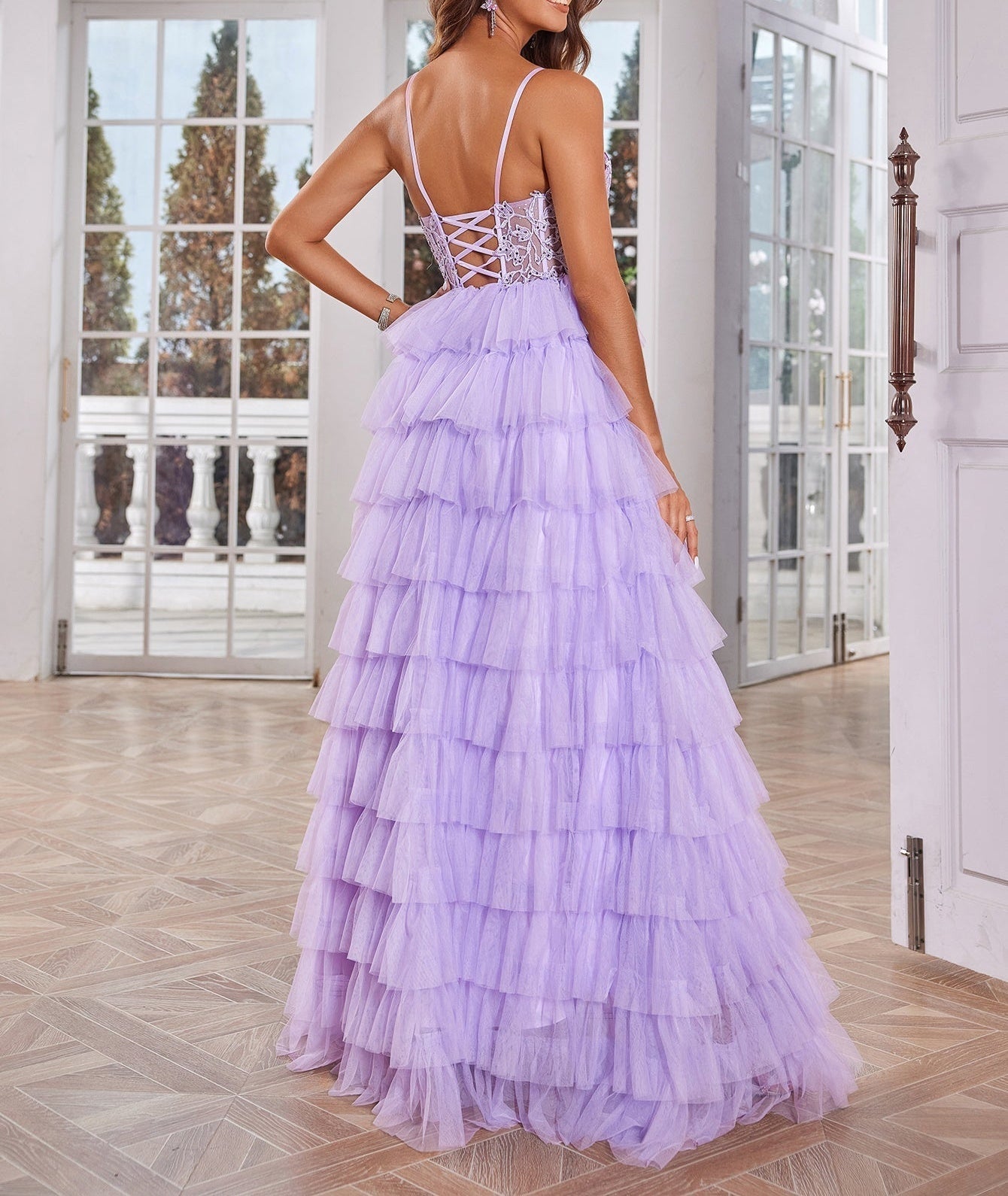 Lace Embroidery Spaghetti Strap Layered Ball Gown Prom Dress - Lilac