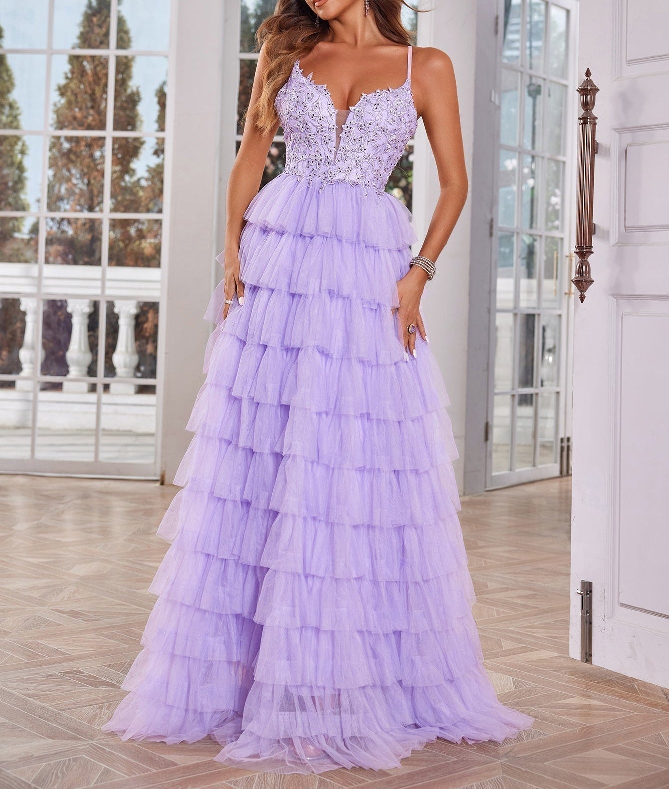 Lace Embroidery Spaghetti Strap Layered Ball Gown Prom Dress - Lilac