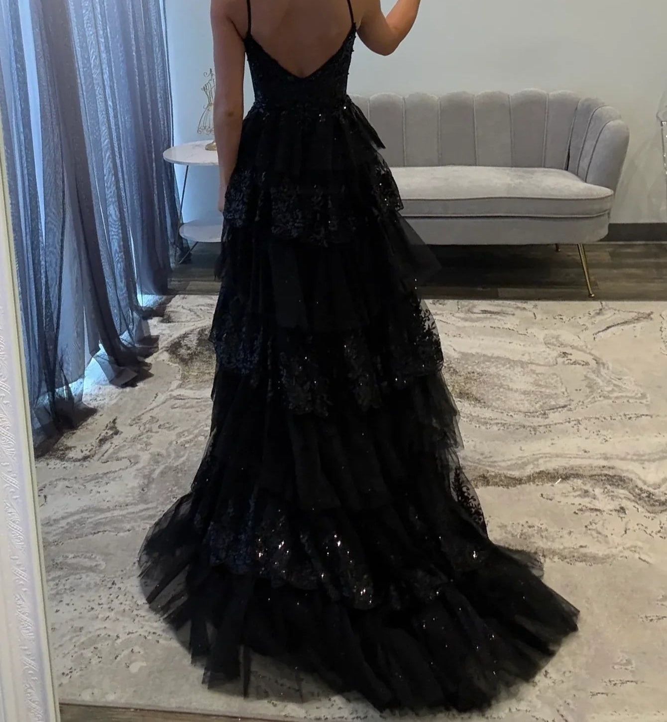 Cut Front Sparkly Lace Embroidery Tiered Ball Gown Prom Dress With Ruffle - Black