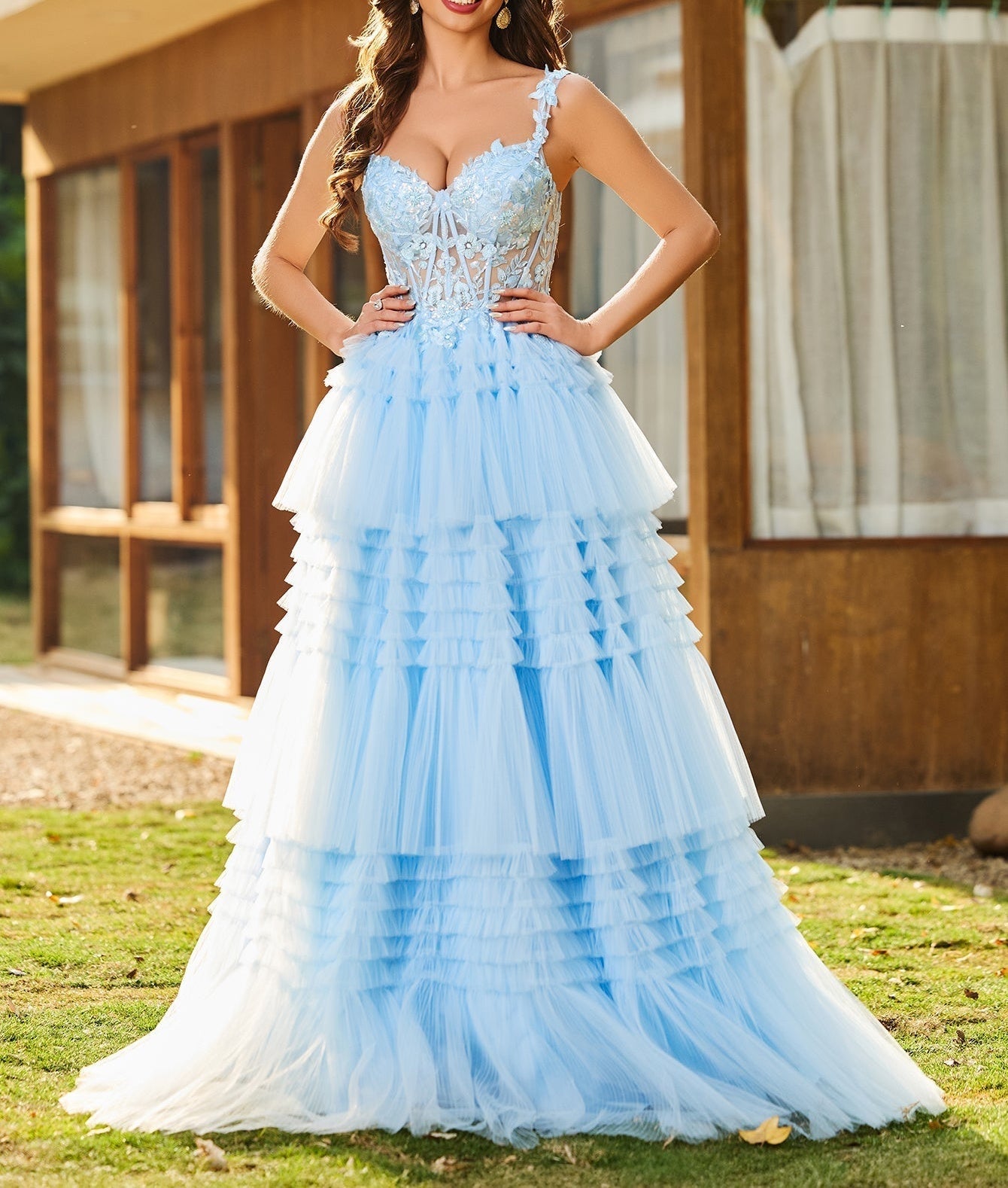 Flower Appliqued Corset Top Lace Layered Tiered Ball Gown Prom Dress - Baby Blue