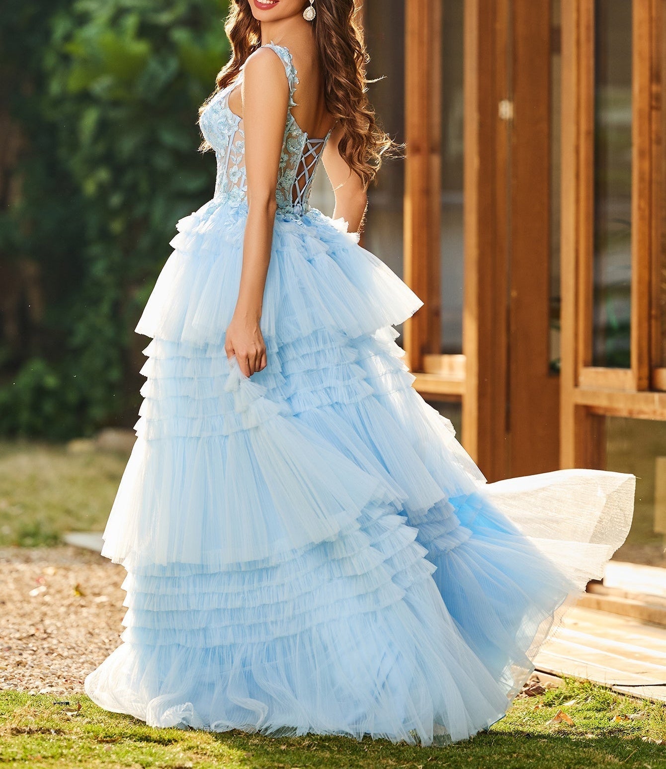 Flower Appliqued Corset Top Lace Layered Tiered Ball Gown Prom Dress - Baby Blue