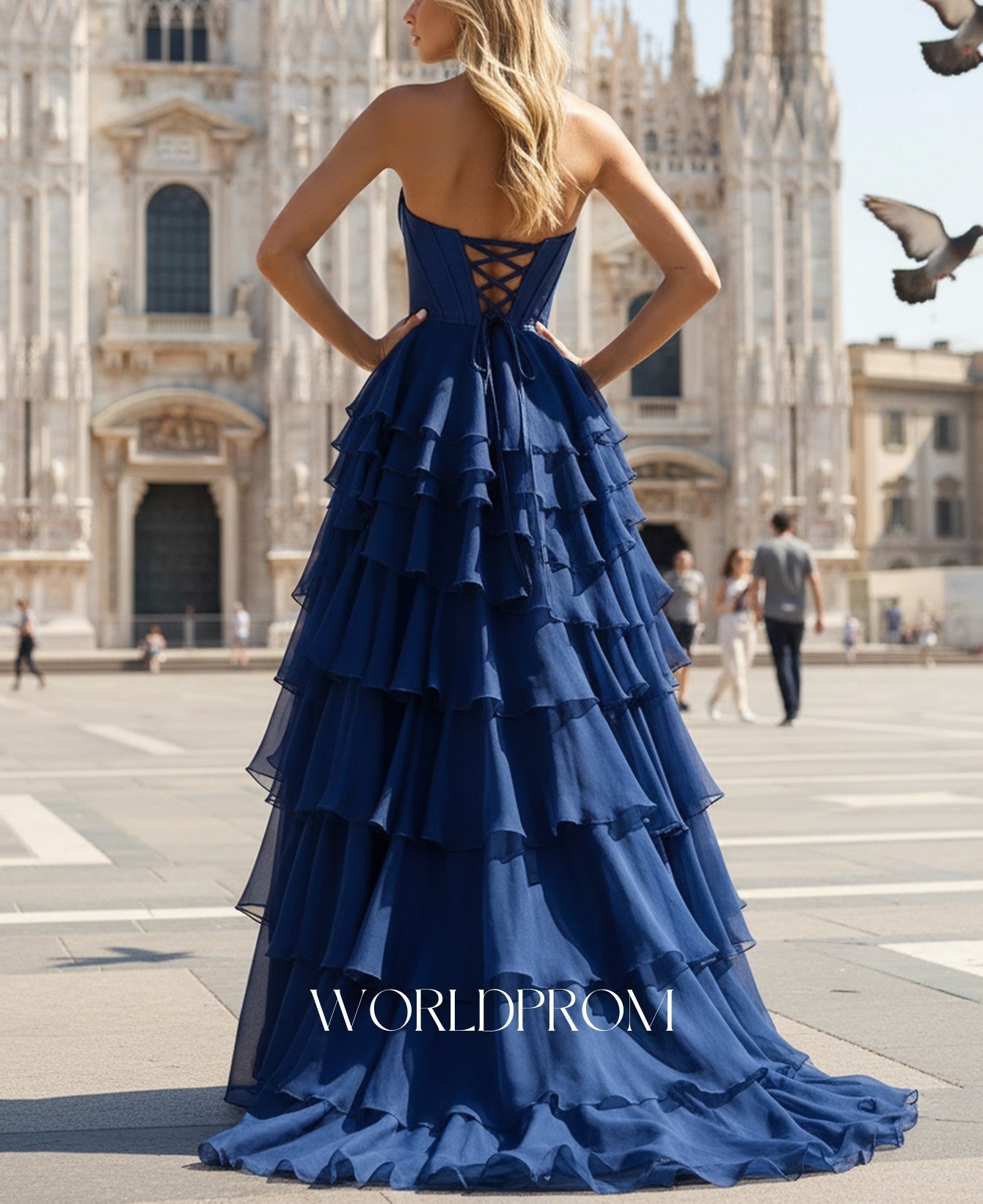 Sweetheart Pleated Bodice LayeNavy Blue Ruffle Hem Long Prom Dress With Slit - Navy Blue