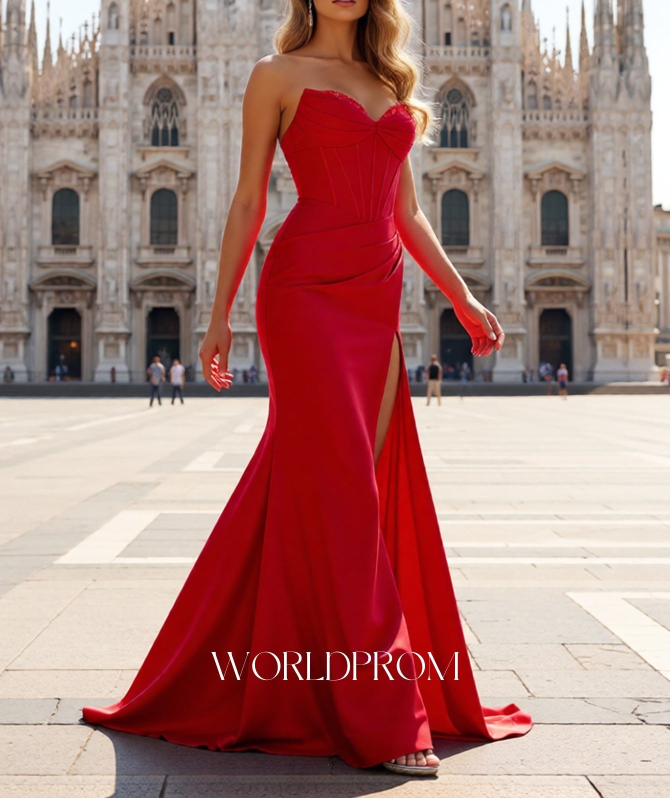 Sparkly Beading Ruched Bust Corset Bodice Long Prom Dress With Slit - Red