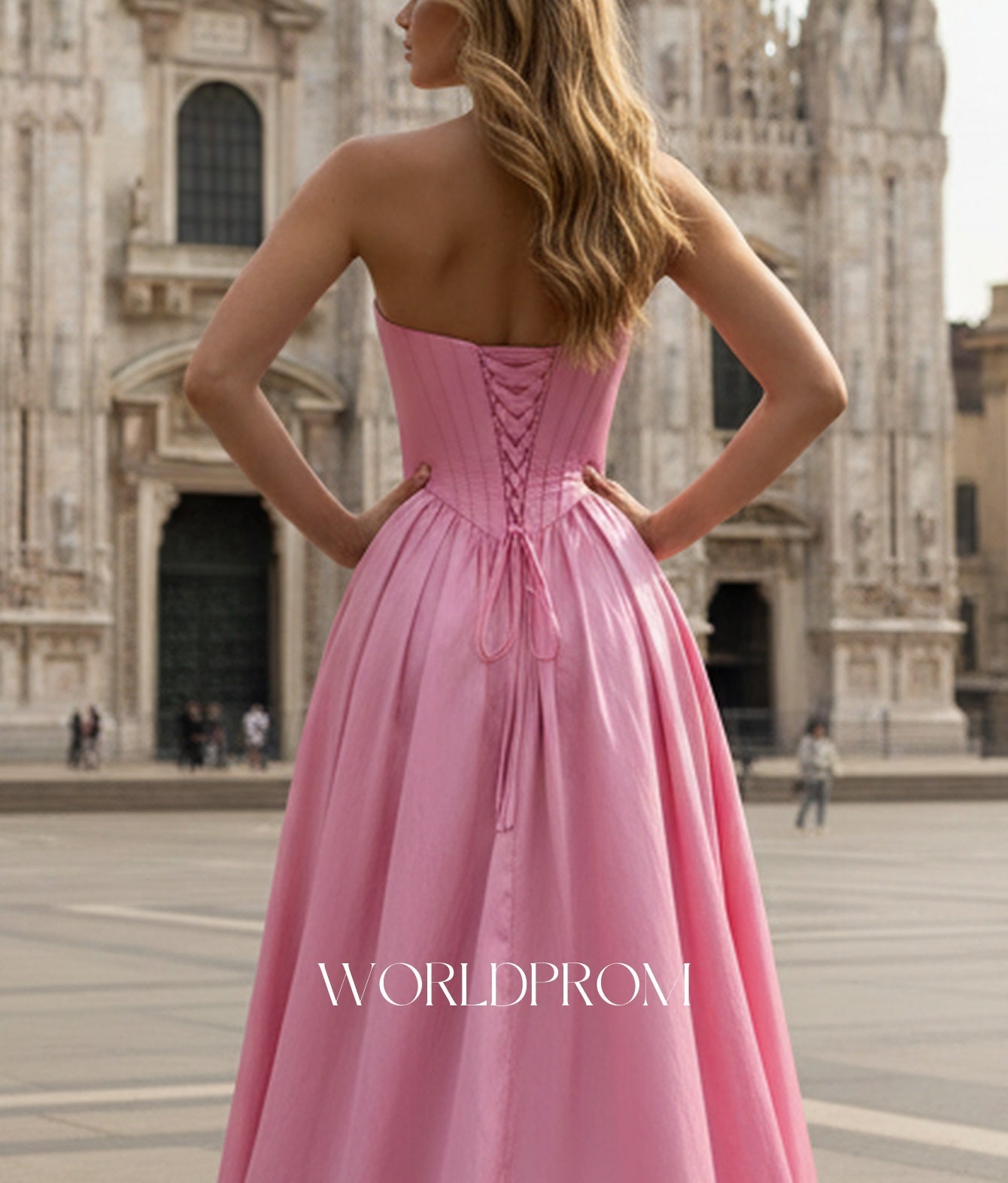 Ruched Bust Pleated Bodice A-Line Lace Up Long Prom Dress With Slit - Pink