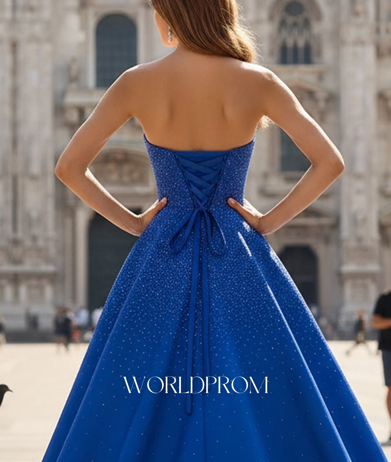 Hot Fix Crystal Corset A-Line Lace Up Long Prom Dress With Slit - Royal Blue