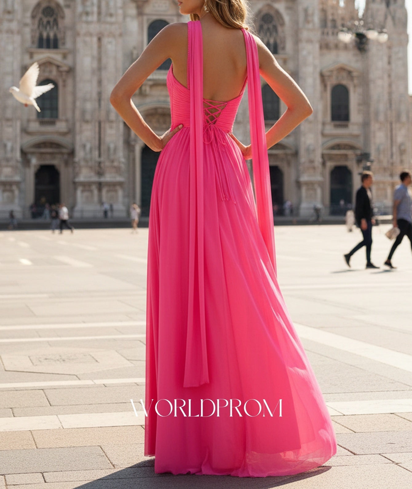 Halter Cut Front Pleated A-Line Lace Up Long Prom Dress With Shawl - Hot Pink