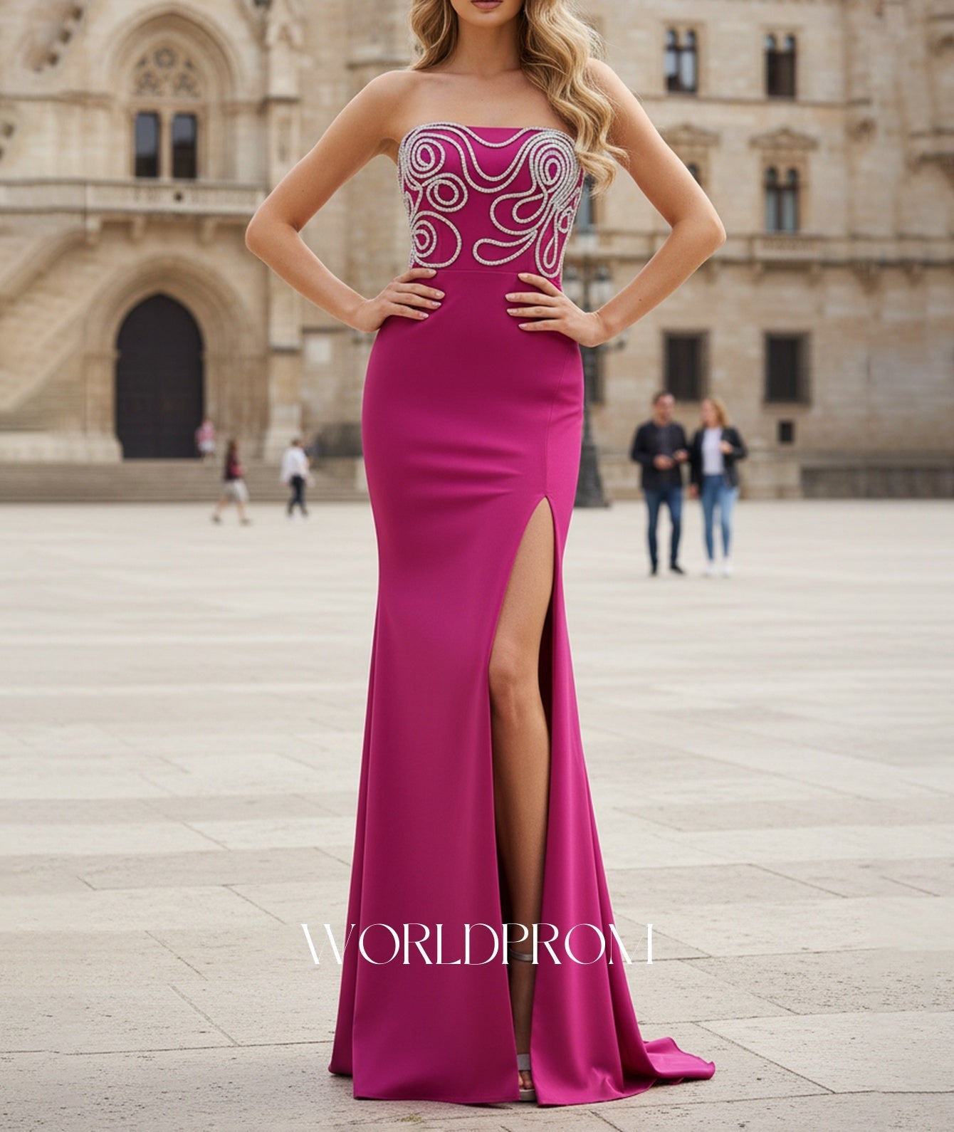 Crystal Fitted Waist Mermaid Long Prom Dress With Slit - Fuchsia