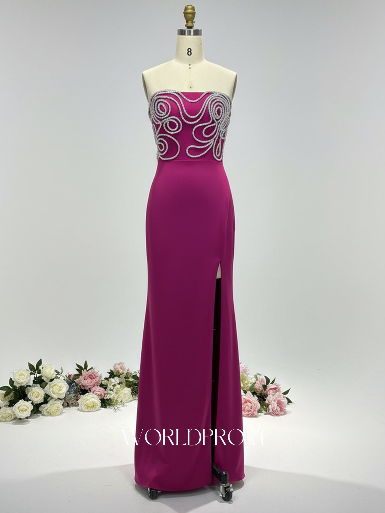 Crystal Fitted Waist Mermaid Long Prom Dress With Slit - Fuchsia