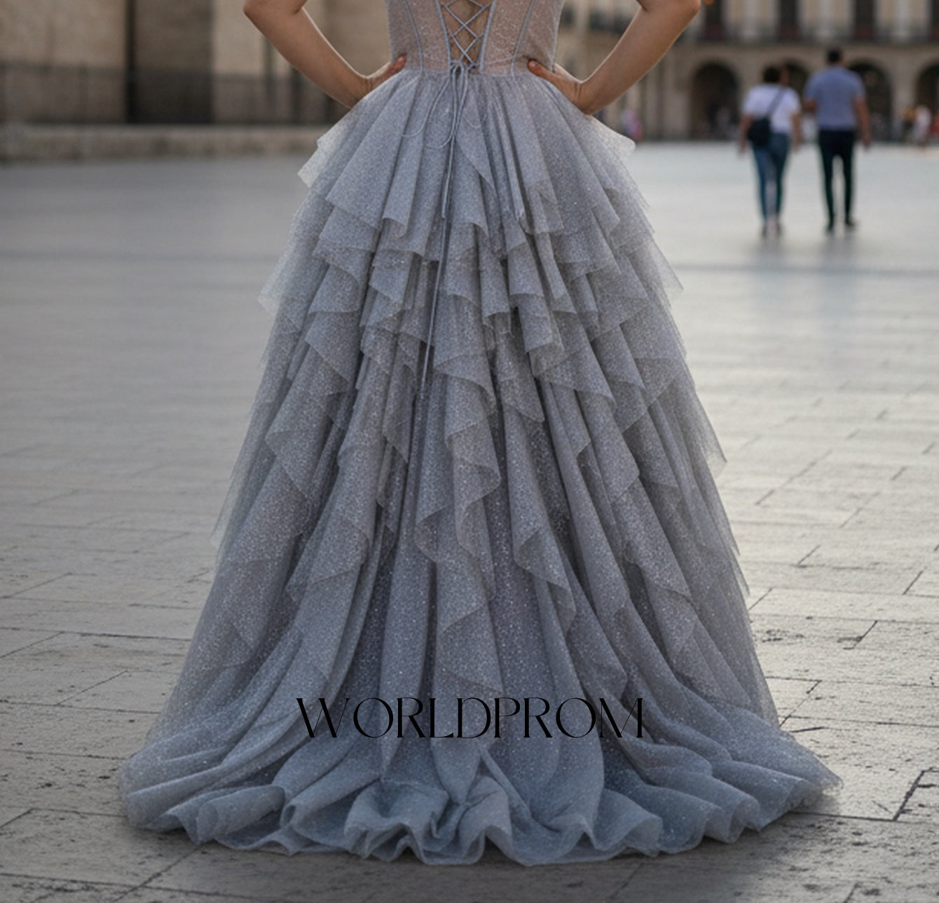 Hot Fix Crystal Spaghetti Shoulder Straps Illusion Layered Ruffle Hem Long Prom Dress - Light Grey