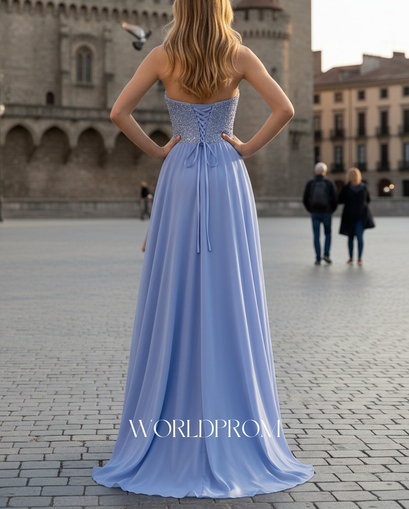 Sparkly Beading A-Line Long Prom Dress With Waist Bow - Light Blue