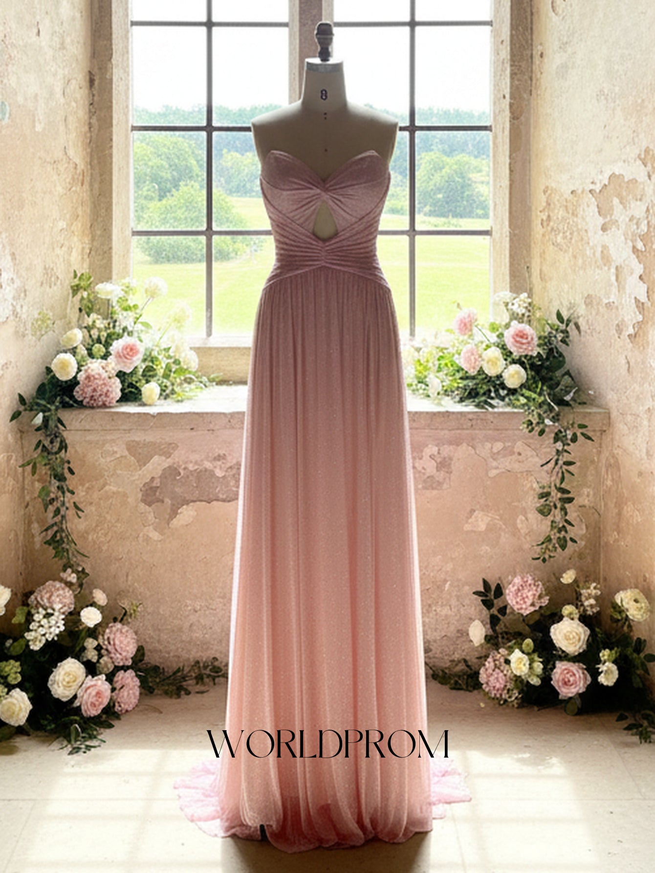 Hot Fix Crystal Cut Front Pleated A-Line Long Prom Dress - Blush Pink
