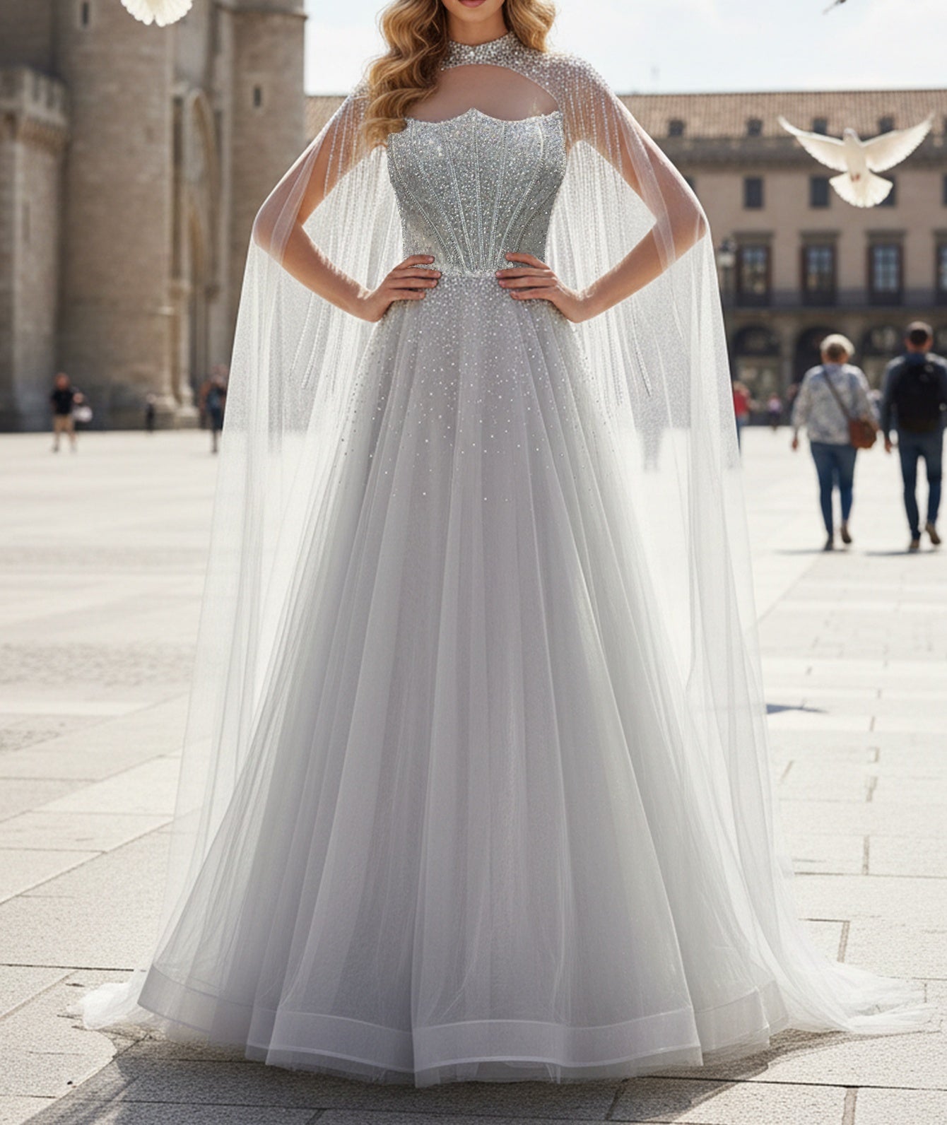 Hot Fix Crystal Bodice Pleated A-Line Long Prom Dress With Shawl - Light Grey